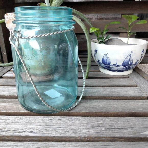 Teal Blue Glass Lantern or Flower Vase - Picture 5 of 8